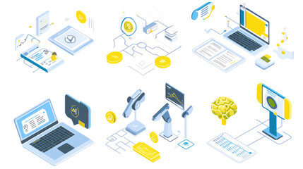 Isometric Flowcharts Depicting AI Content Creation Processes and Tools Generative AI