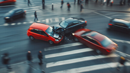 A moment of a traffic accident captured by a roadside surveillance camera, showcasing vehicles colliding at the intersection with pedestrians in the background, highlighting the impact 