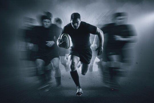 Rugby Player in Motion: A powerful image of a rugby player sprinting forward, his team a blur of motion behind him, conveying speed, determination, and teamwork. - Powered by Adobe