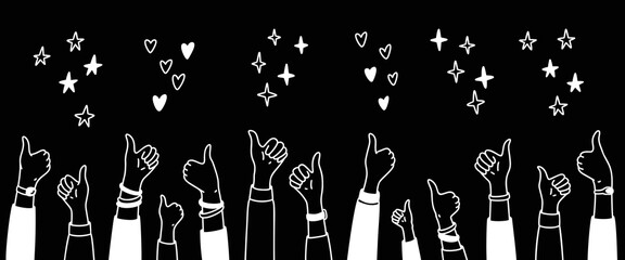 Raising hands with thumb up doodle background. Positive reaction for social media post, live stream, book, online shopping experience. Handwriting falling stars, bling, sparks, glitter, hearts.