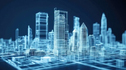 Futuristic cityscape with digital blueprints overlay