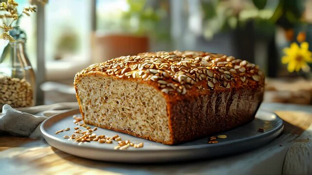 Close-up of a sliced multigrain bread loaf topped with seeds on a ceramic plate, bathed in warm natural light