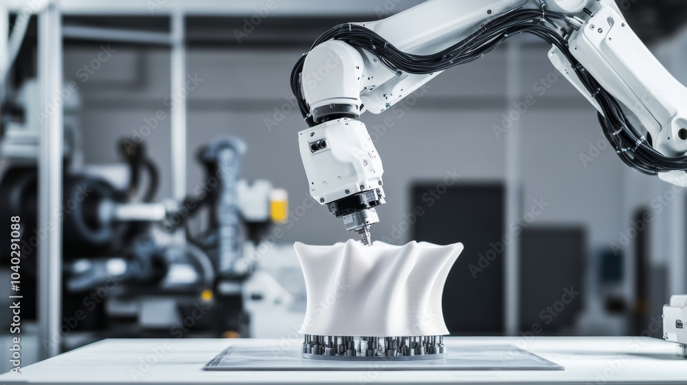 Poster A robotic arm performing intricate 3D printing tasks in a futuristic workshop with detailed machinery and design elements, Innovative tech style, photo of
