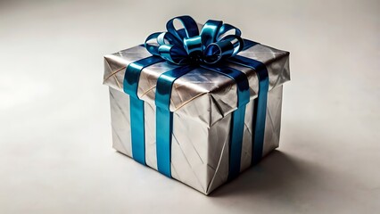 Obraz premium Silver Gift Box with Blue Ribbon, A beautifully wrapped silver gift box tied with a vibrant blue ribbon, ready for a special occasion. The perfect representation of surprise, celebration, and joy.