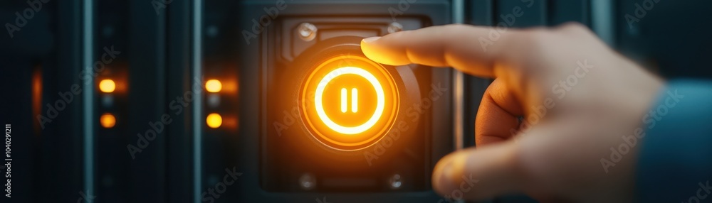 Poster hand pressing a pause button with an orange light in a modern technological setting.