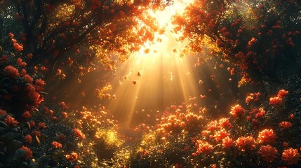 Divine celestial garden Enochs visions filled with radiant flowers glowing trees and divine fruit peaceful atmosphere beams of heavenly light shining through
