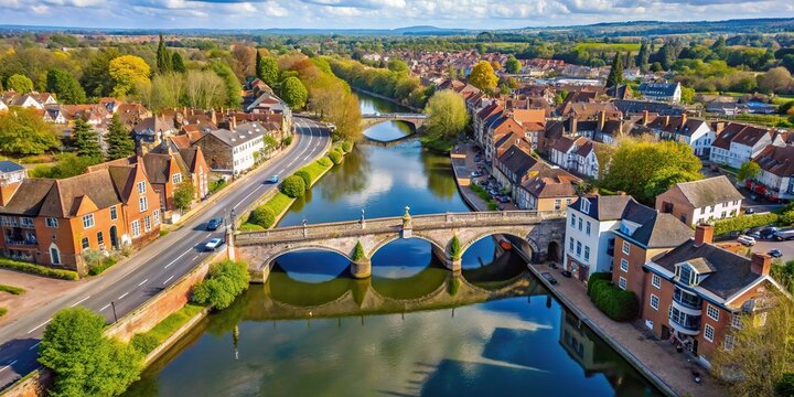 Aerial view of Bridge Street Bridge in Newbury Berkshire from the River Kennet and Avon Canal intersection