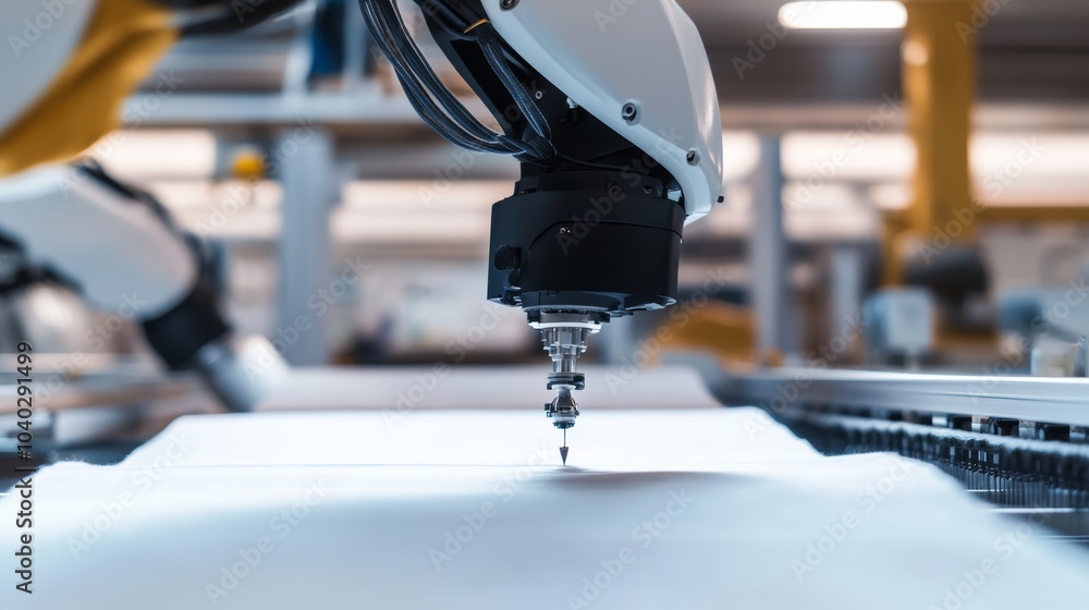 Poster A robotic arm performing intricate embroidery on a fabric in a modern textile factory, clean and high-tech environment with a focus on textile automation, Textile style