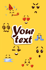 Star emoji. Emotion expression. Smile face. Cheerful or angry emoticons. Starry yellow icon. Space funny character. Love heart. Confused or cheerful smileys. Cry tears. Vector text banner
