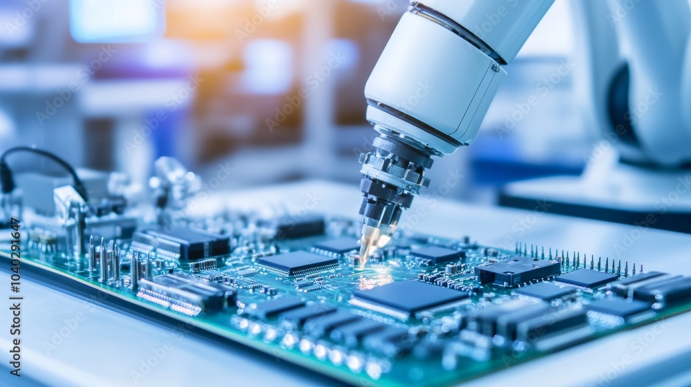 Poster a robotic arm performing intricate soldering on electronic circuit boards in a clean, high-tech elec