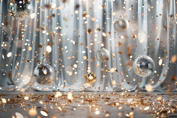Backdrop curtain with silver balloons and shimiring gold ornaments  Beautiful decorative  concept
