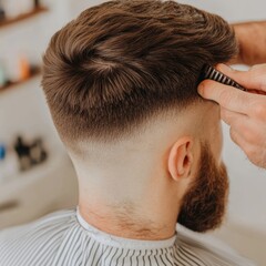 Obraz premium A barber styles a man's hair with a fade haircut and beard grooming.