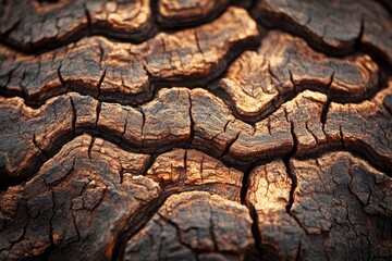 Close-up of rough, textured tree bark with deep cracks and warm, golden hues.