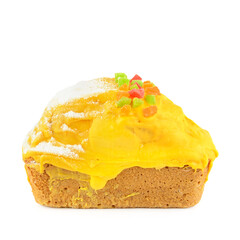 Honey lemon cake isolated on white.