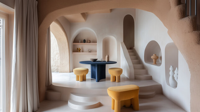 Minimalist interior design of modern living room with round table and yellow stools
