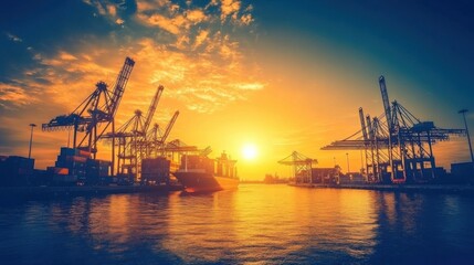 Fototapeta premium A contemporary port illuminated by the rising sun, cranes and container ships set against a vibrant sky, symbolizing the dynamism of global commerce