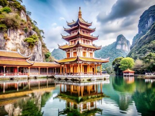 Fototapeta premium Stunning Vietnam Pagoda in Trang An: A Serene Buddhist Temple Surrounded by Lush Nature and Majestic Landscapes