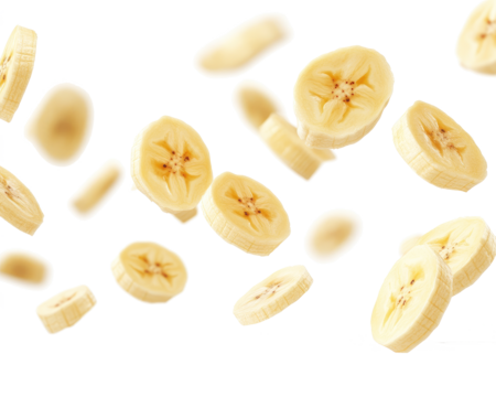 banana slices falling on transparent background