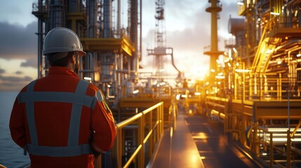 A worker in an oil and gas facility, wearing safety gear like a hard hat and a high visibility safety coverall with reflective stripes