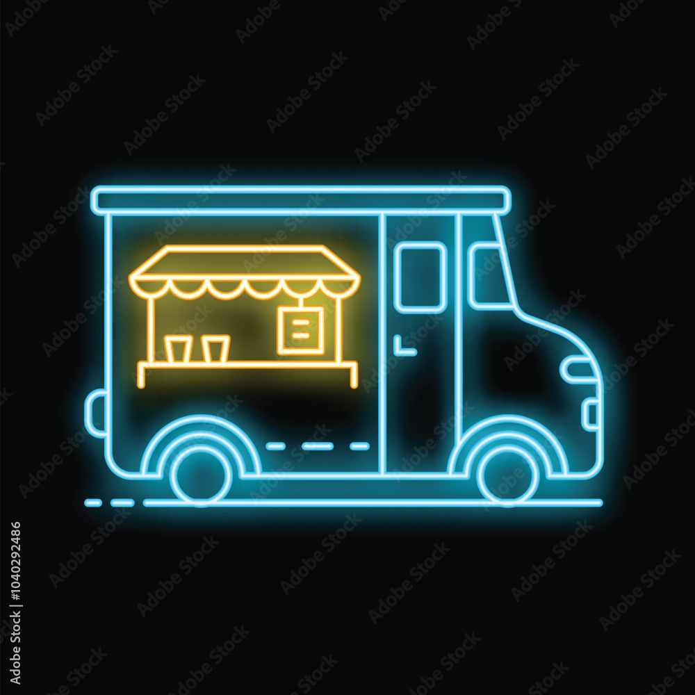 Wall mural neon food truck sign is glowing on a dark background