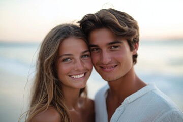 Young couple smiling on beach at sunset