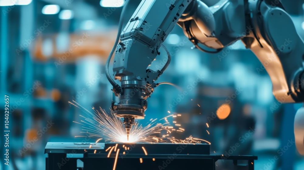 Poster A robotic arm performing intricate welding tasks in a clean aerospace assembly facility, high-tech and precise environment with a focus on aerospace components, Aerospace style