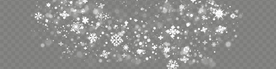 Snow and snowflakes on transparent background. Winter snowfall effect of falling white snow flakes and shining, New Year snowstorm or blizzard realistic backdrop. Christmas or Xmas holidays.