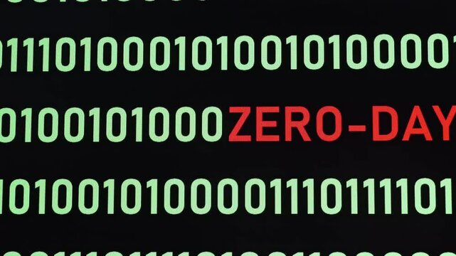 ZERO-DAY text and binary code concept from the desktop computer screen,ZERO-DAY vulnerability concept (also known as a 0-day)A zero-day vulnerability is a flaw in software or hardware.