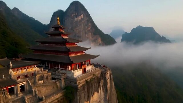 Chinese Pagoda on Clifftop with Mountains and Clouds