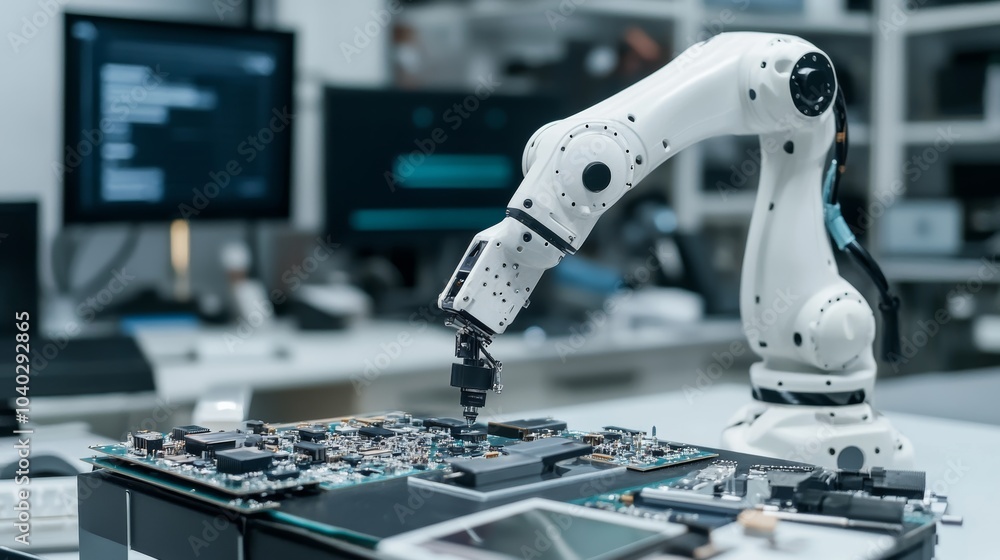 Poster A robotic arm performing precise and intricate repairs on high-end consumer electronics in a clean, sophisticated repair lab, modern and meticulous environment with a focus on electronics repair