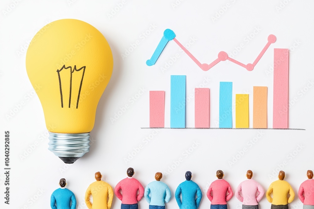 Poster light bulb and graph illustration with diverse figures analyzing data trends.
