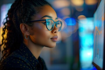 Obraz premium Side view of African American woman with glasses concentrating on computer screen with data analysis in a modern office environment. Intense focus, professional atmosphere,