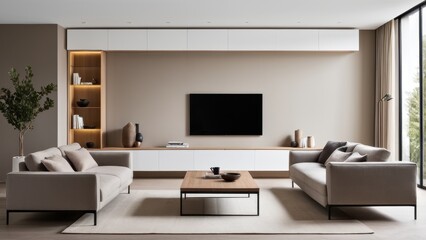Modern living room with neutral tones, featuring a sleek sofa, wooden shelves, a flat-screen TV, and large windows with flowing curtains.