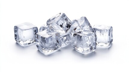 Crystal-clear ice cubes arranged on a pristine white surface, showcasing their transparent texture and unique shapes, perfect for enhancing beverages and presentations.
