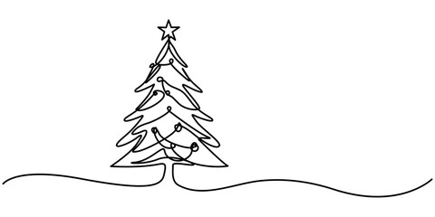 Christmas tree vector illustration continuous one line drawing. Premium vector, Christmas Tree in the Snow Continuous Line Drawing with Editable Stroke, Continuous one Line art of Christmas tree