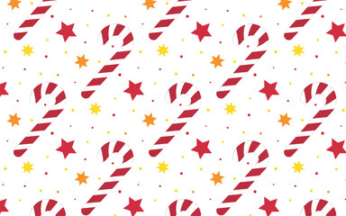Repeating pattern featuring striped candy canes and festive stars in red, yellow, and orange. Great for seasonal textile designs, holiday cards, and web design elements.