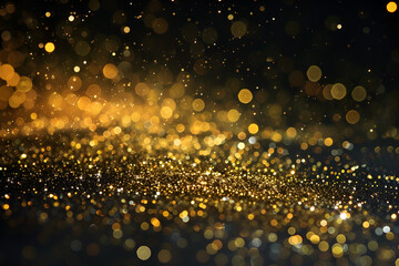 golden glitter vintage lights background gold and black de focused , Close-up macro shot of a Golden Spreading Glitter

