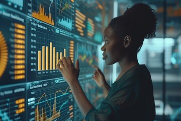 African American woman analyzing data on a large transparent digital screen with interactive graphs. Dark office environment, glowing interface, technology and innovation concept,