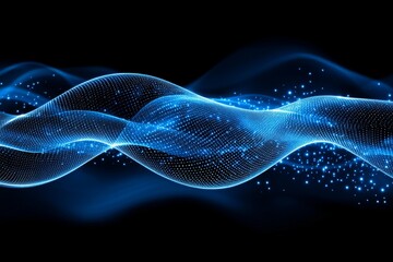 Fototapeta premium Abstract blue glowing wave with sparkling particles on black background.