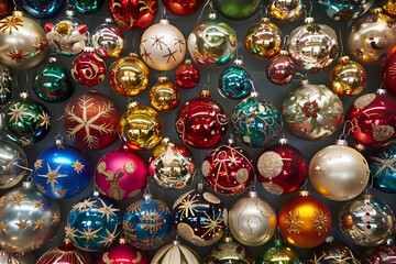 Christmas tree toys, xmas balls, bells, icicles and other new year decorations, winter holidays and celebrations concept,