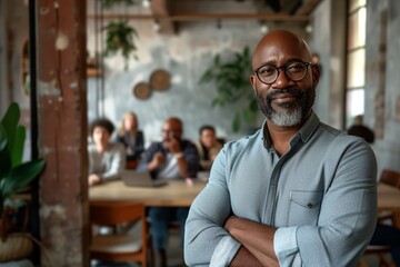 Obraz premium Smiling African American man standing confidently with arms crossed in a modern office setting. Gray beard, glasses, casual yet professional clothing, colleagues in the background, radiating warmth,