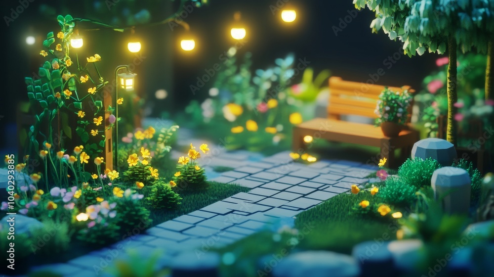 Poster a computer generated image of a garden with a bench and a path