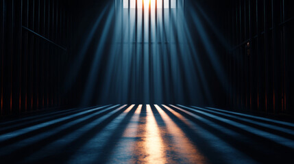 dimly lit prison cell with sunlight streaming through bars, creating dramatic shadows on floor. atmosphere evokes sense of confinement and solitude