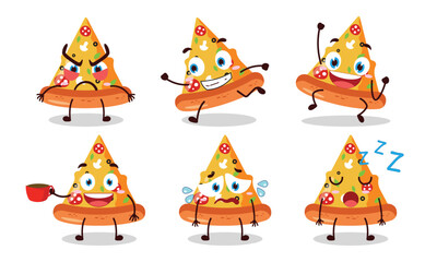 funny slice of pizza cartoon character with various pose activity design illustration