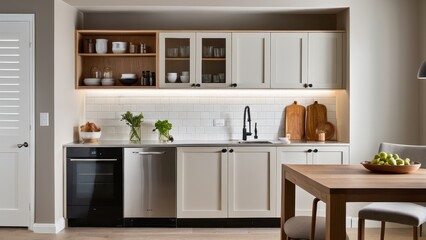 Fototapeta premium Modern kitchen features white cabinets, wood countertops, and a black sink. Natural light streams in, enhancing the minimalist, cozy ambiance.