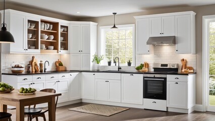 Modern kitchen features white cabinets, wood countertops, and a black sink. Natural light streams in, enhancing the minimalist, cozy ambiance.