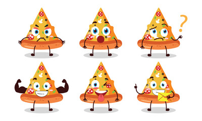 funny slice of pizza cartoon with different expressions character design illustration