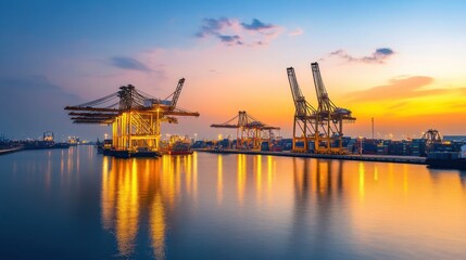 A contemporary port illuminated by the warm light of sunrise, cranes and containers glowing in the early morning light, representing the promise and expansion of international trade