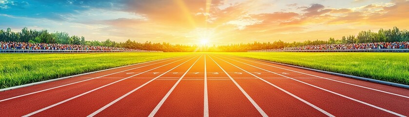 Running track at sunset with vibrant sky, offering a sense of motion and energy.