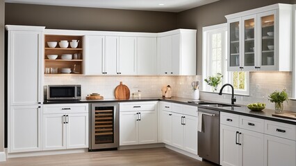 Fototapeta premium Modern kitchen features white cabinets, wood countertops, and a black sink. Natural light streams in, enhancing the minimalist, cozy ambiance.